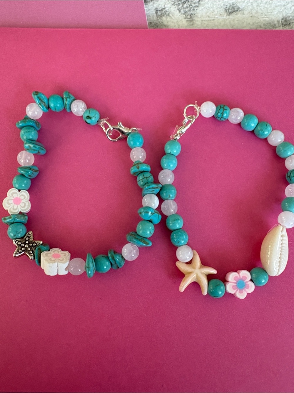 Turquoise Pink Beaded Bracelets - Beach Charm Set